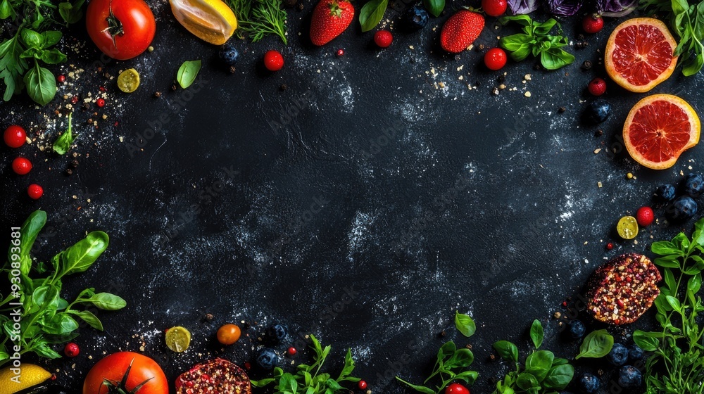 Poster abstract food pattern with colorful ingredients on a dark background, providing a rich backdrop with