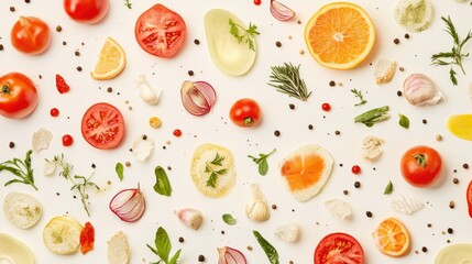 Abstract food pattern with a variety of ingredients on a neutral background, leaving room for text.