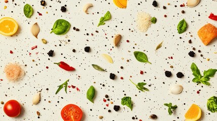 Abstract food pattern with a variety of ingredients on a neutral background, perfect for text overlays.