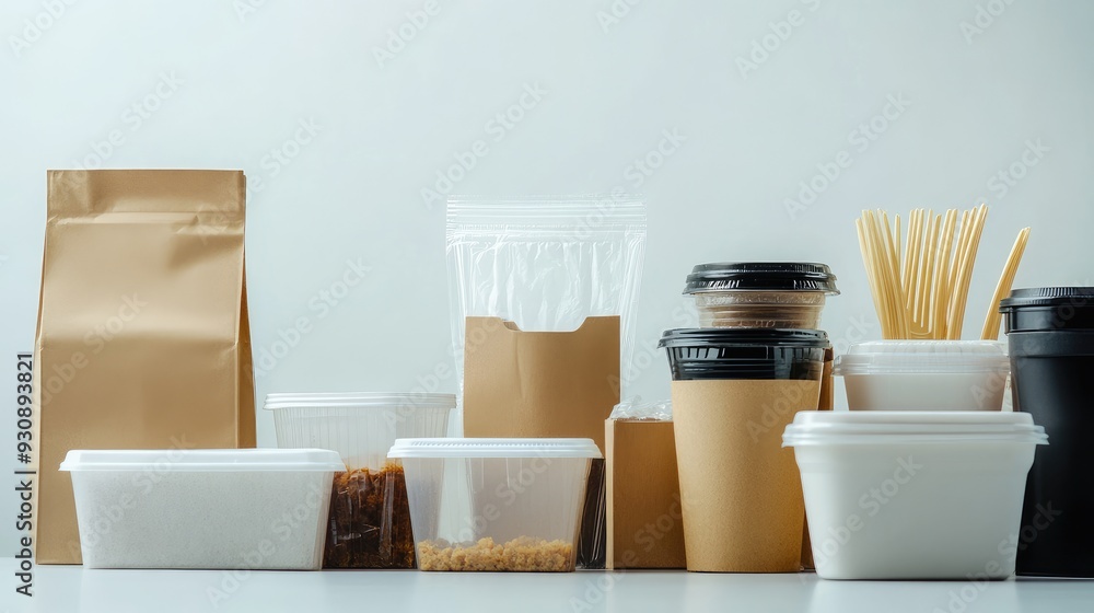 Poster an array of food containers and delivery bags on a clean background, with ample copy space