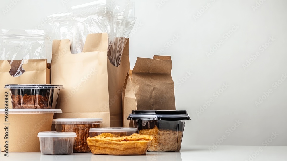 Poster an array of food containers and delivery bags on a clean background, with ample copy space