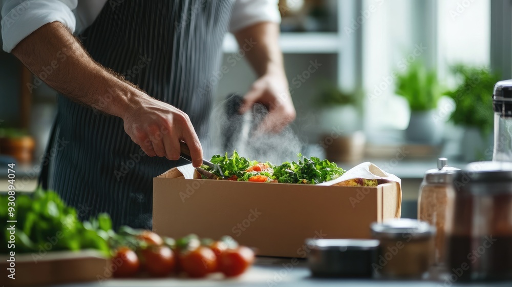 Poster an image of a meal being prepared for delivery, with a focus on a clean background and ample copy sp