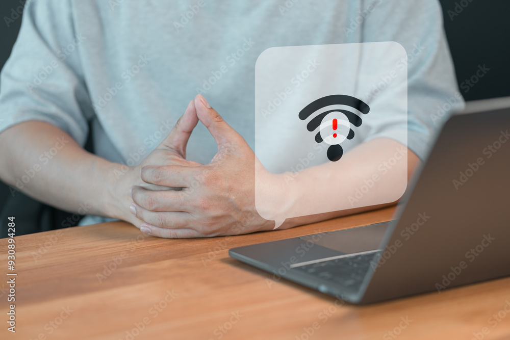 Poster While using a laptop computer, a man faces difficulties connecting to WiFi, encountering either connection issues or incorrect password, leading to a delay in loading digital data from websites.
