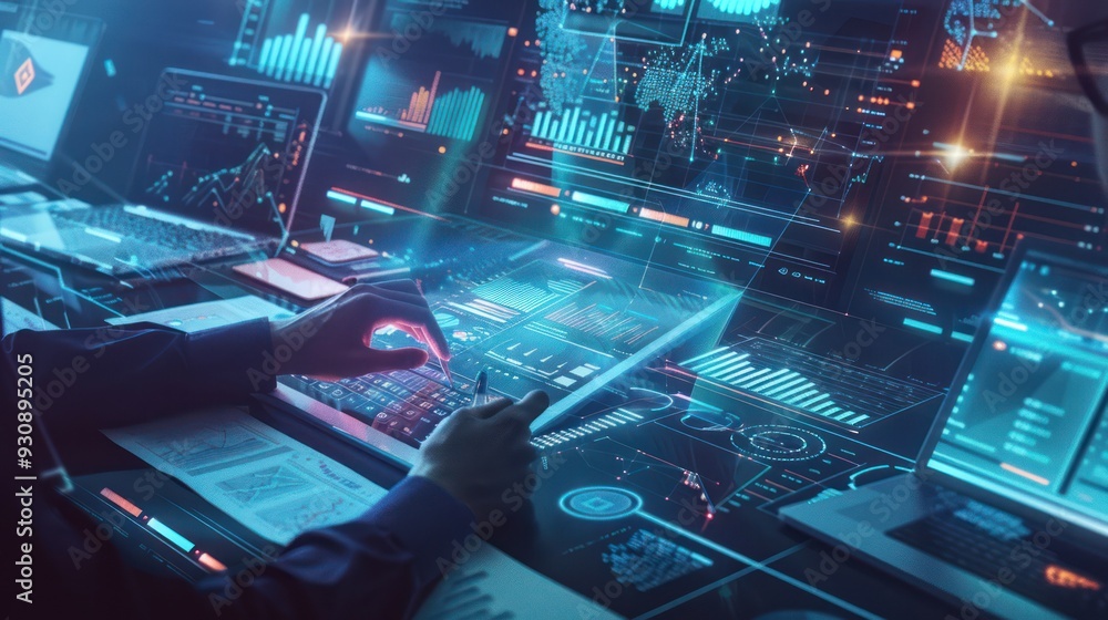 Poster cyberpunk data analyst working on complex data