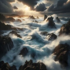Fototapeta premium Dramatic Ocean Waves Crashing on Rocks