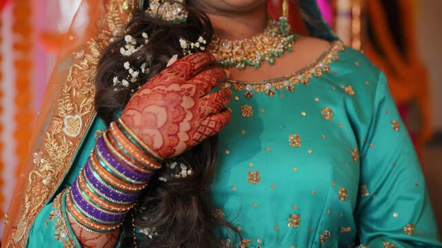Bride dressed in traditional Indian clothes, Elements of hindi wedding. Close up view