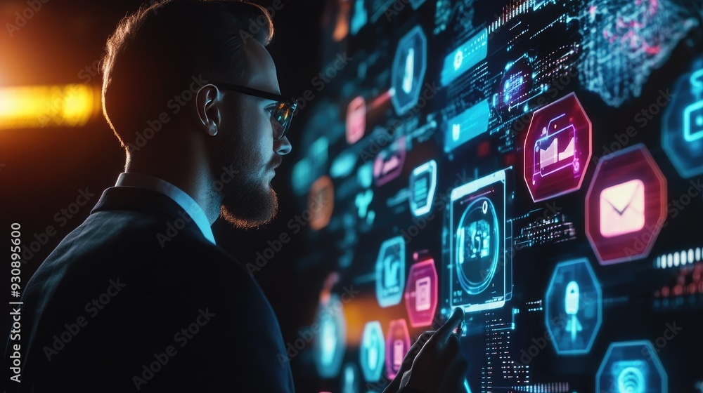 Poster businessman analyzing a holographic screen with various app icons, representing the use of technolog