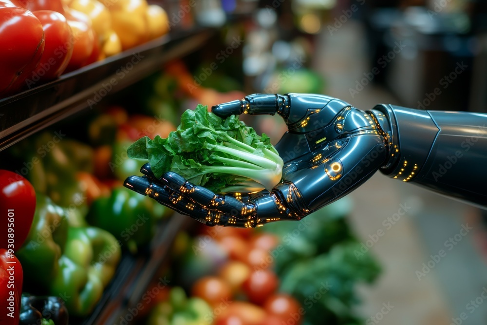Poster robot carefully selecting fresh vegetables in a supermarket symbolizing the future of grocery shoppi