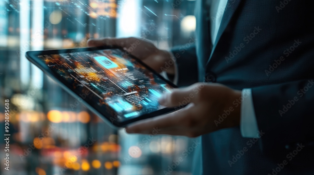 Aufkleber businessman holding a tablet with a dynamic display of business apps, emphasizing the versatility an