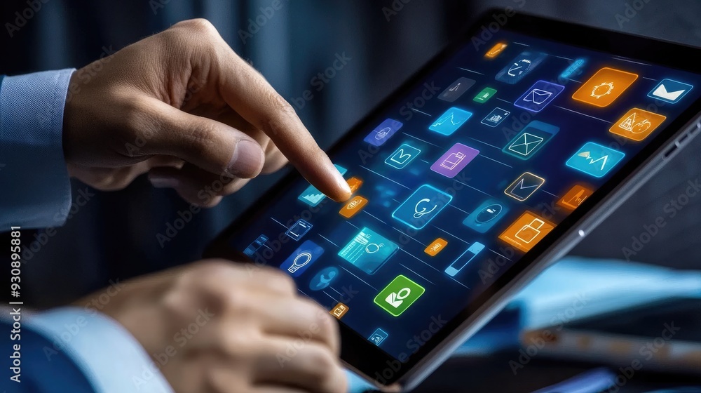 Poster businessman tapping on a tablet screen filled with app icons, representing the use of technology and