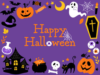 手描きのハロウィン囲みフレーム紫背景_文字あり_ベクターイラスト