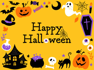 手描きのハロウィン囲みフレーム黄色背景_文字あり_ベクターイラスト