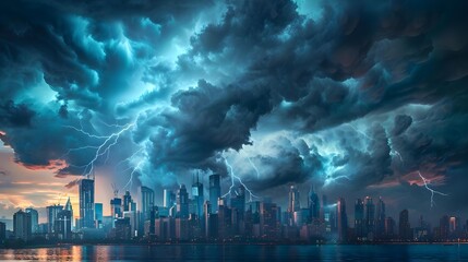 Massive storm clouds with lightning approaching city