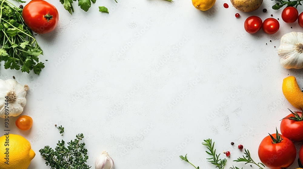 Poster clean white surface with fresh produce placed at the edges, offering a bright background with copy s