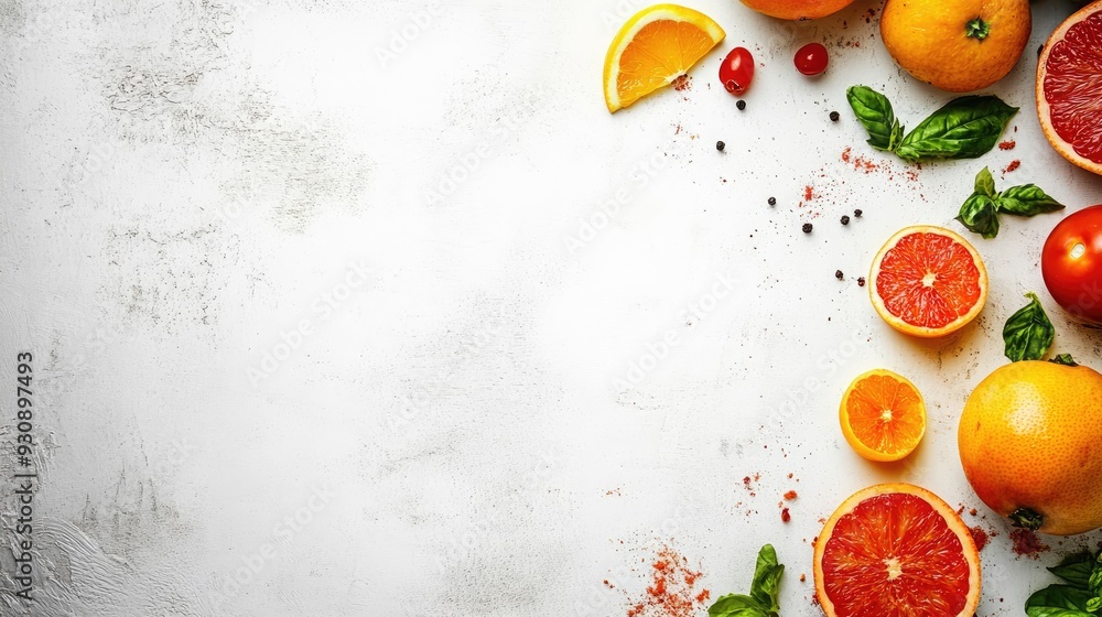 Poster clean white surface with fresh produce placed at the edges, offering a bright background with copy s