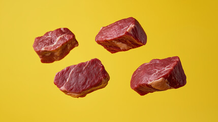 Obraz premium Raw Beef Steaks Floating Against a Yellow Background Highlighting Freshness and Quality