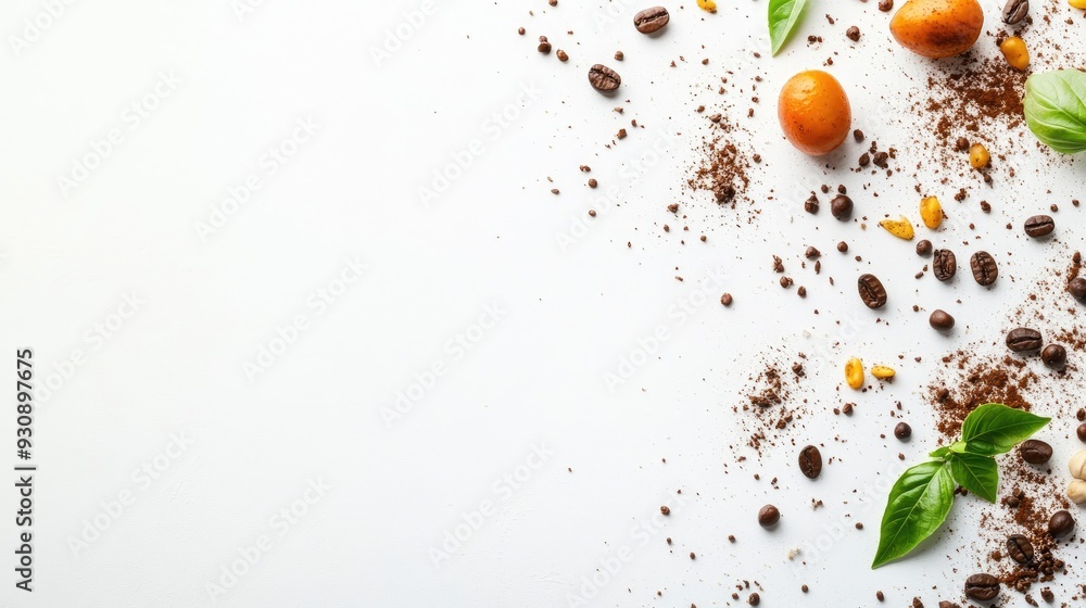 Poster close-up of a white background with a few scattered food items, providing a minimalist backdrop with