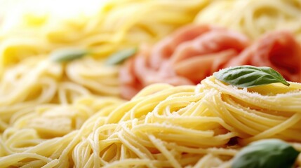 Delicious Italian pasta with copy space, featuring a variety of pasta dishes like spaghetti, penne, and fettuccine.