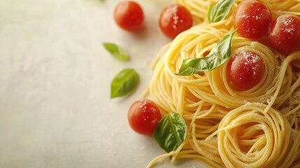 Delicious Italian pasta with copy space, featuring a variety of pasta dishes like spaghetti, penne, and fettuccine.