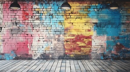 A brick wall painted in vibrant colors with three hanging light fixtures. The wall has a worn and textured look, and the wooden floor is light in color.