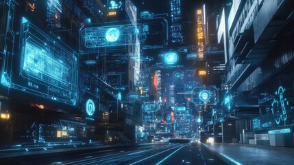 Futuristic city, AI integration, smart technology, holographic interfaces