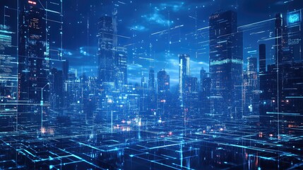 Futuristic AI metropolis, digital networks, advanced technology, holographic interfaces