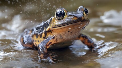 Obraz premium Frog sitting on wet ground during rainy day in natural habitat