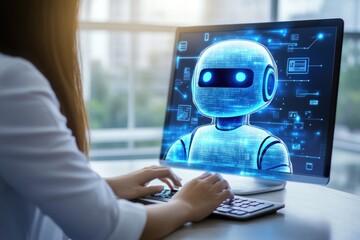 A businessperson reviews an AI-powered chatbot on their computer, focusing on the system's ability to manage customer interactions effectively