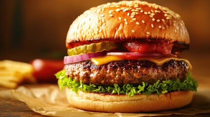 Gourmet burger with copy space, highlighting a juicy beef patty, fresh toppings, and a crisp bun.