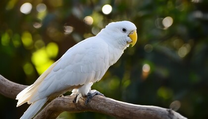 the image is of a parrot perched on a branch parrot is white with a yellow beak