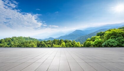 empty square floor and green forest with mountain natural landscape under blue sky