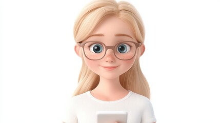 A cartoon girl with blonde hair and glasses is holding a cell phone