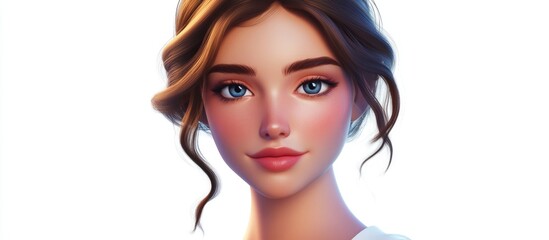 Fototapeta premium 3D Cartoon of a Beautiful Woman with Radiant Skin and Cosmetics on Her Face Isolated on White