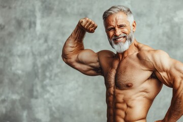 A strong senior man with a fit body, smiling confidently and flexing his biceps against a plain background