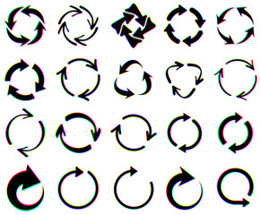 Set of circular glitch-style arrows with vibrant distortion effects. Vector illustration ideal for modern digital designs.