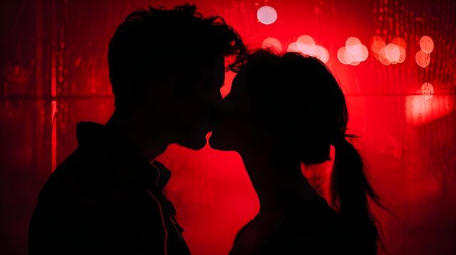 Silhouettes of a passionate heterosexual couple kissing