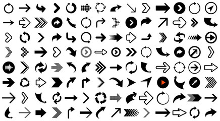 Naklejka premium Vector illustration featuring a comprehensive collection of black arrow icons with diverse styles and directional flows.