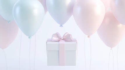 A white box with a pink ribbon is surrounded by balloons