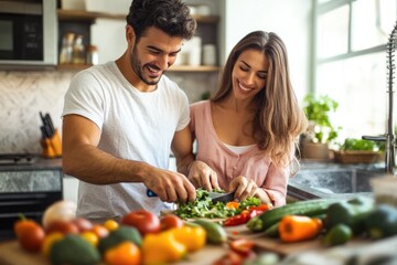 A joyful couple in a bright kitchen, chopping vegetables together, savoring the freshness and flavors of their homemade meal