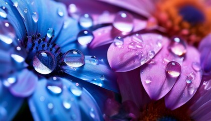 a tight shot of water droplets clinging to blue purple pink and lavender petals