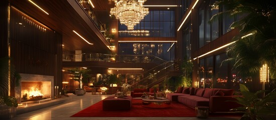 Fototapeta premium Luxuriously designed double-height penthouse living room featuring a warm fireplace, plush red carpet, elegant sofas, and a grand crystal chandelier under a warm evening glow.