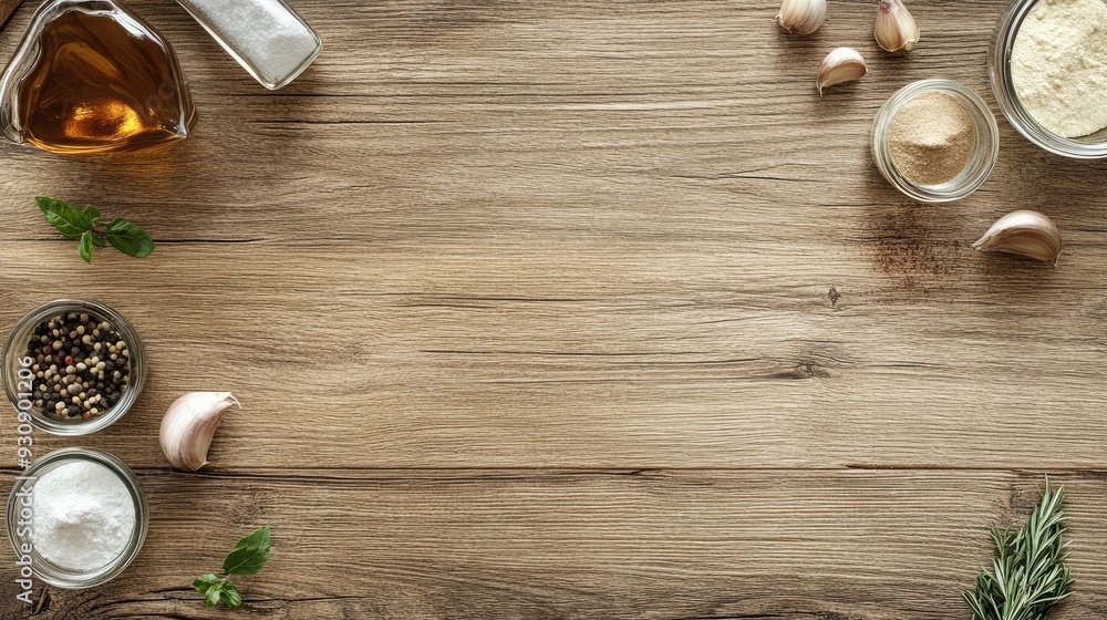 Poster light wood texture with a few scattered food items, offering a clean and inviting background with co