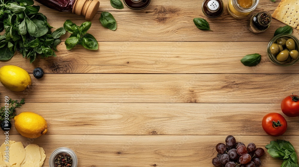 Poster light wood texture with a few scattered food items, offering a clean and inviting background with co