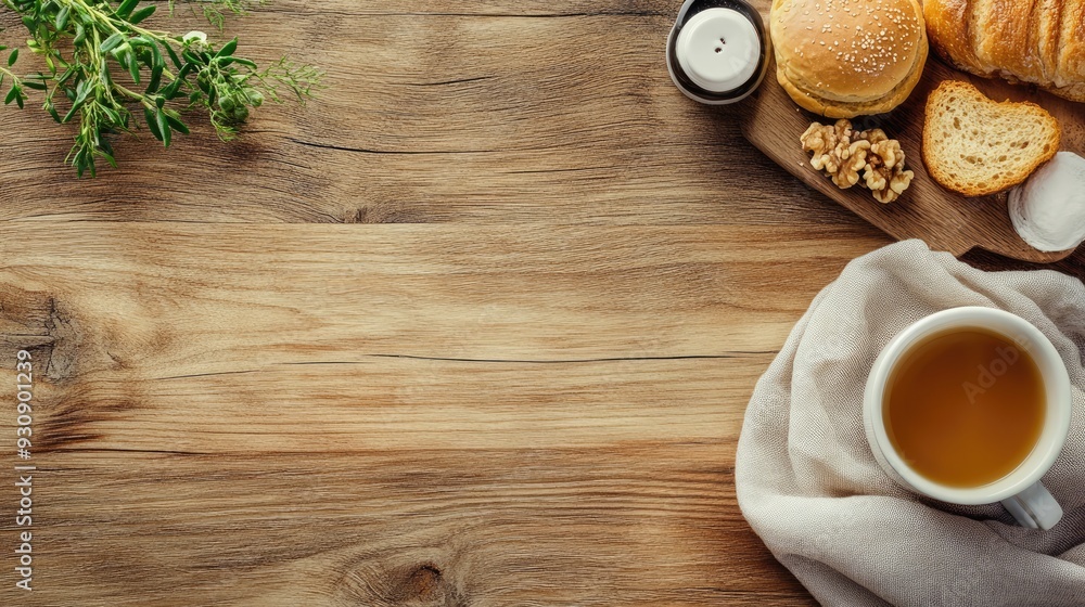 Poster light wood texture with a few scattered food items, offering a clean and inviting background with co
