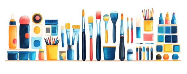 A vibrant collection of art supplies including brushes, paints, and pencils, perfect for creative projects and artistic inspiration.