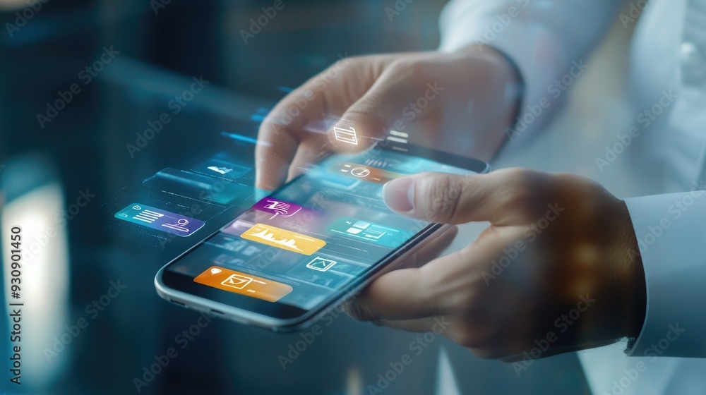 Poster modern businessman scrolling through a smartphone with app icons for business, finance, and producti