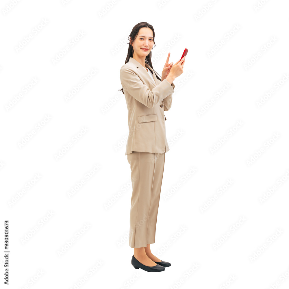 Aufkleber スマホを使う女性ビジネスパーソン　手作業で精密に切り抜いた背景透過全身写真png