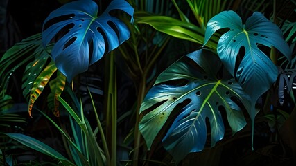 Tropical Leaves Illuminated with Blue and Green Generative AI