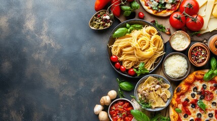 Modern Italian dishes with copy space, showcasing a variety of pasta, pizza, and antipasti.