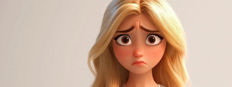 3D cartoon of a curvy pretty blonde woman with a sad expression looking whiney and crying
